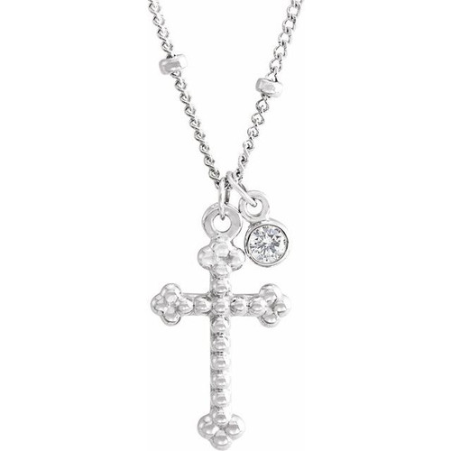 14K White Gold .06 CT Diamond Dangle & Beaded Cross Necklace