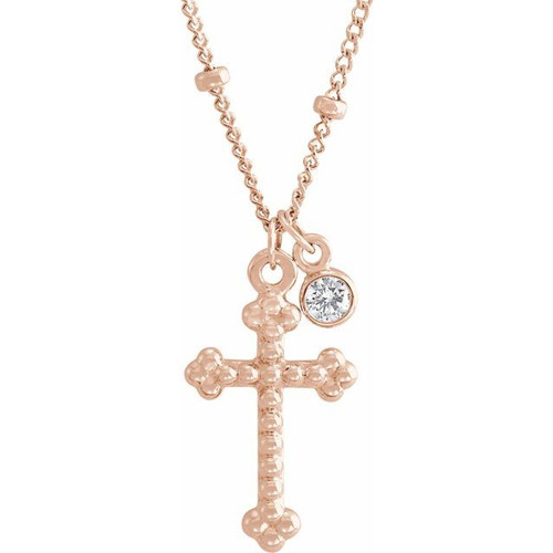 14K Rose Gold .06 CT Diamond Dangle & Beaded Cross Necklace