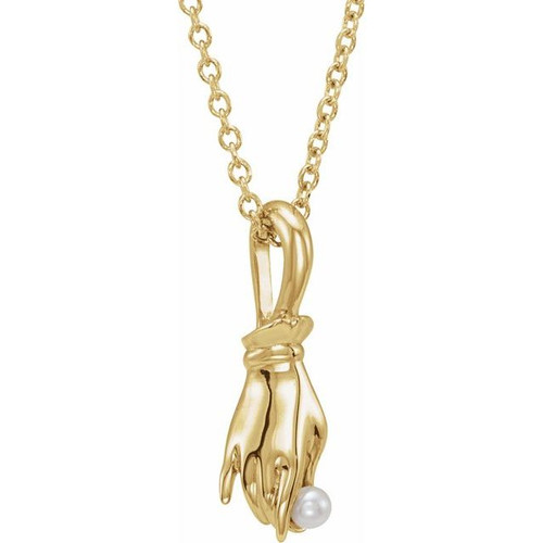 14K Yellow Gold Cultured White Seed Pearl Buddha Hand Necklace