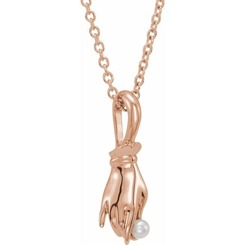 14K Rose Gold Cultured White Seed Pearl Buddha Hand Necklace