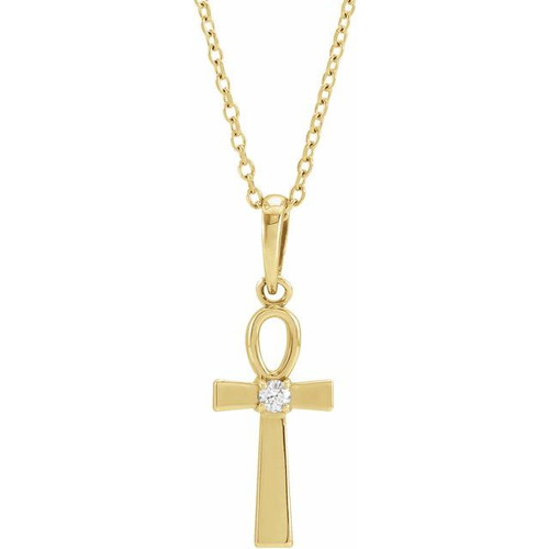 14K Yellow Gold .03 CT Natural Diamond Ankh Cross Necklace