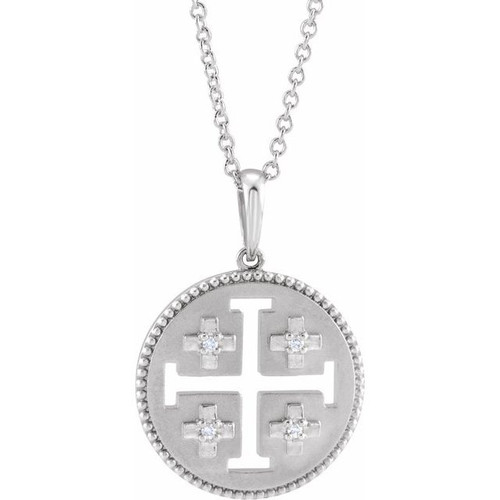 14K White Gold .025 CTW Natural Diamond Jerusalem Cross Necklace