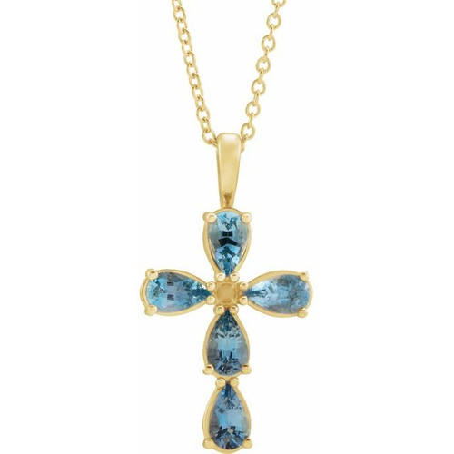 14K Yellow Gold Natural Aquamarine Cross Necklace