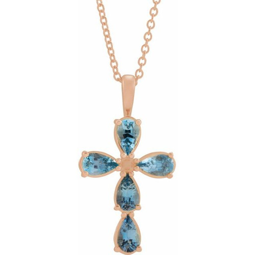 14K Rose Gold Natural Aquamarine Cross Necklace