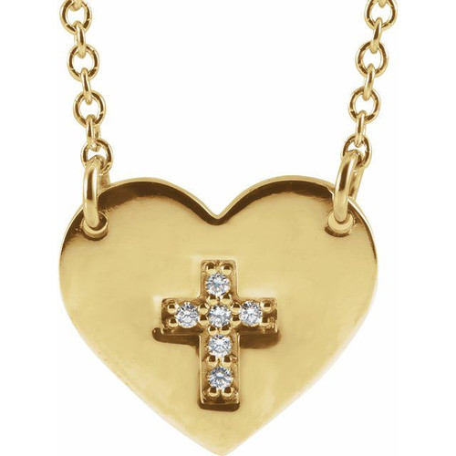 14K Yellow Gold .02 CTW Natural Diamond Heart & Cross Necklace