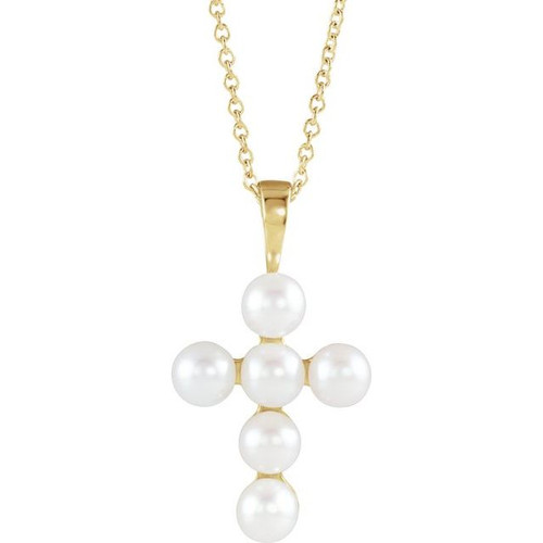 14K Yellow Gold Cultured White Freshwater Pearl Cross Necklace