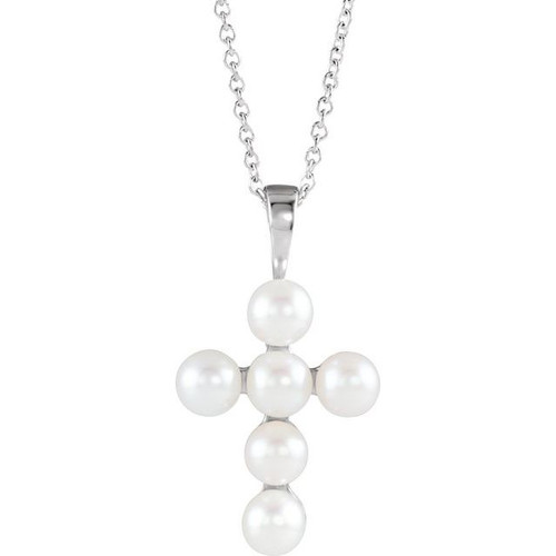 14K White Gold Cultured White Freshwater Pearl Cross Necklace