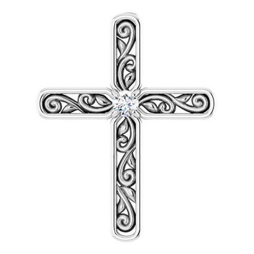 14K White Gold .03 CT Natural Diamond Cross Pendant