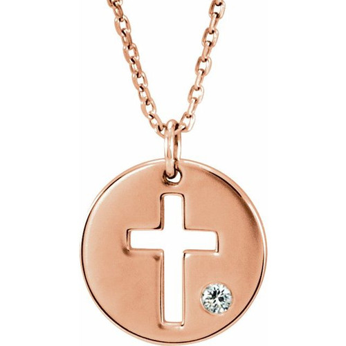 14K Rose Gold .03 CT Natural Diamond Pierced Cross Disc Necklace