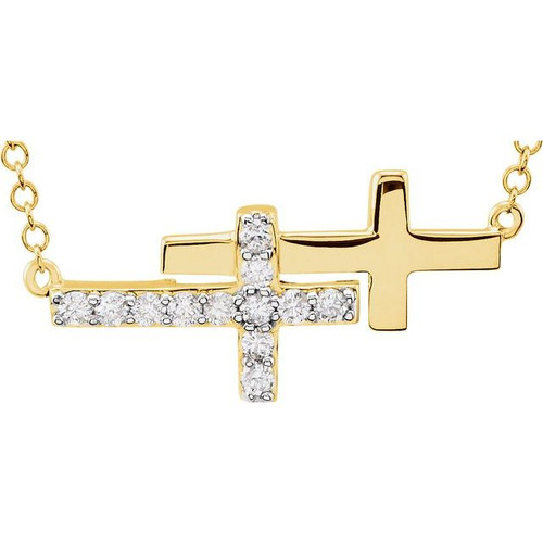 14K Yellow Gold 1/5 CTW Natural Diamond Double Sideways Cross Necklace