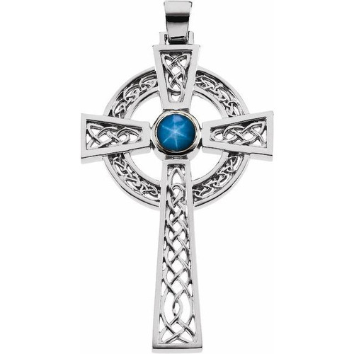 14K White Gold Natural Blue Star Sapphire Cross Pendant