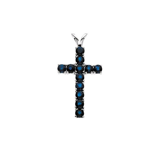 14K White Gold Natural Blue Sapphire Cross Pendant