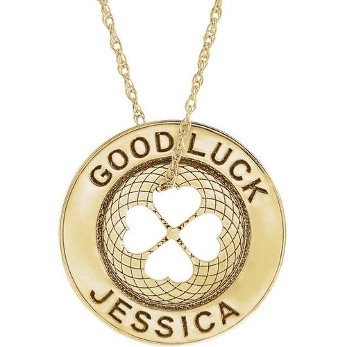 14K Yellow Gold Engravable Good Luck Token Necklace