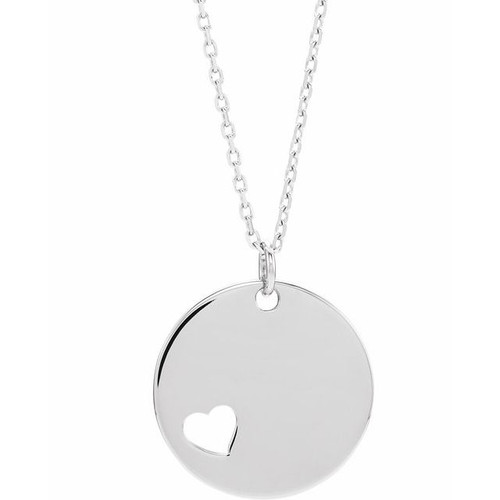 14K White Gold Engravable Pierced Heart Disc Necklace