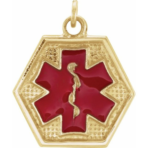 14K Yellow Gold Engravable Red Enamel Medical Identification Pendant