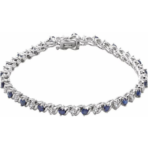 14K White Gold Lab-Grown Blue Sapphire & 1/10 CTW Natural Diamond Line 7" Bracelet