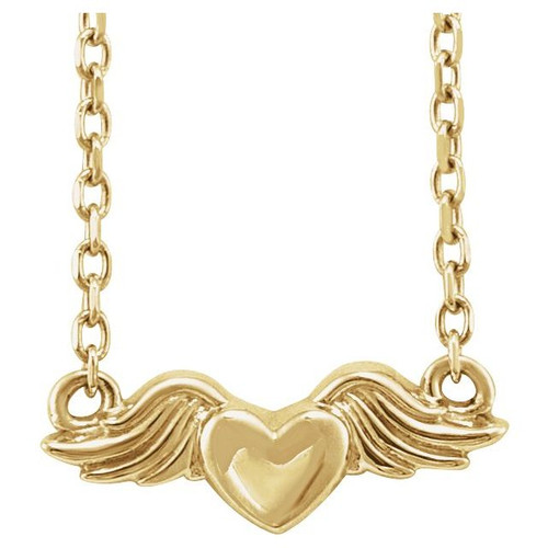 14K Yellow Gold Heart with Angel Wings Necklace
