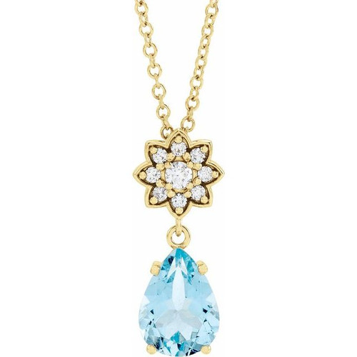 14K Yellow Gold Natural Aquamarine & .08 CTW Natural Diamond Necklace