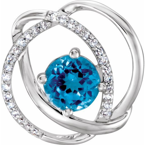 14K White Gold Natural Swiss Blue Topaz and 1/10 CTW Diamond Pendant