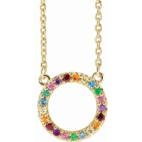 14K Yellow Gold Natural Multi-Gemstone Rainbow Circle Necklace
