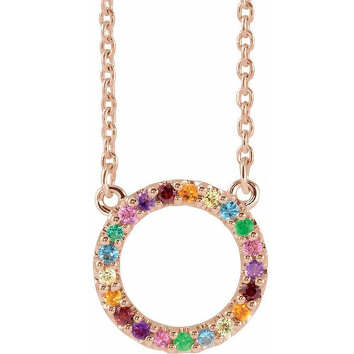 14K Rose Gold Natural Multi-Gemstone Rainbow Circle Necklace