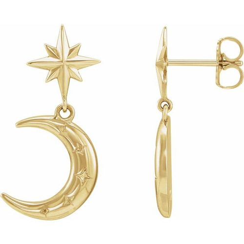 14K Yellow Gold Crescent Moon Dangle Earrings