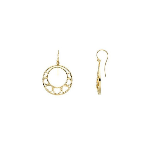 14K Yellow Gold Circle Hearts Dangle Earrings