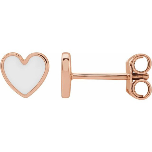 14K Rose Gold White Enamel Heart Earrings