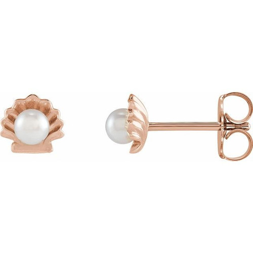 14K Rose Gold Cultured White Seed Pearl Shell Earrings