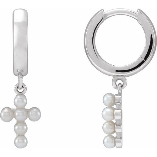 14K White Gold Cultured White Seed Pearl Cross Hoop Earrings