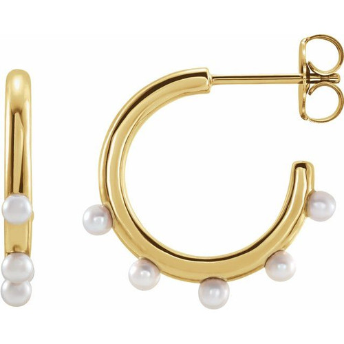 14K Yellow Gold Cultured Seed Pearl Fancy Hoop Earrings