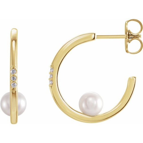 14K Yellow Gold Cultured White Freshwater Pearl & .025 CTW Natural Diamond Hoop Earrings