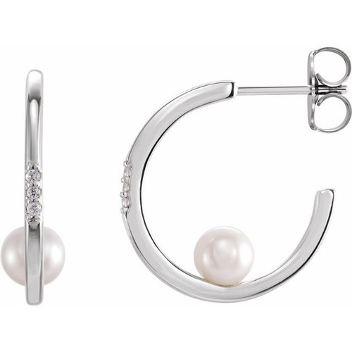 14K White Gold Cultured White Freshwater Pearl & .025 CTW Natural Diamond Hoop Earrings