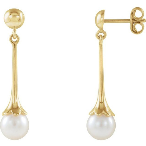 14K Yellow Gold Cultured White Freshwater Pearl Dangle Earrings