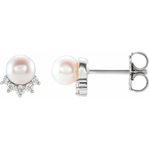 14K White Gold Cultured White Freshwater Cultured Pearl & .08 CTW Natural Diamond Earrings