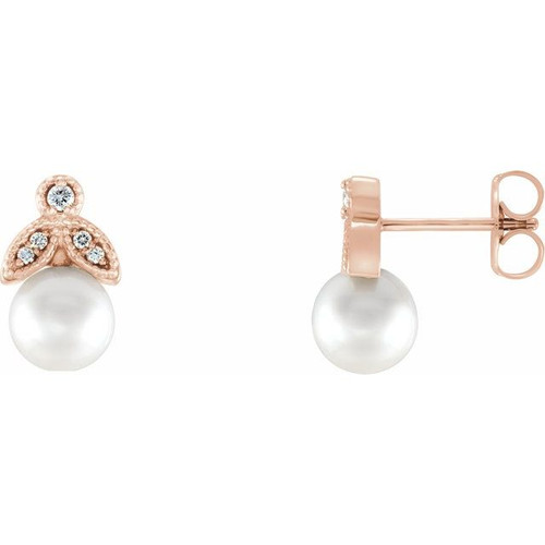 14K Rose Gold Cultured White Freshwater Pearl & .06 CTW Natural Diamond Earrings