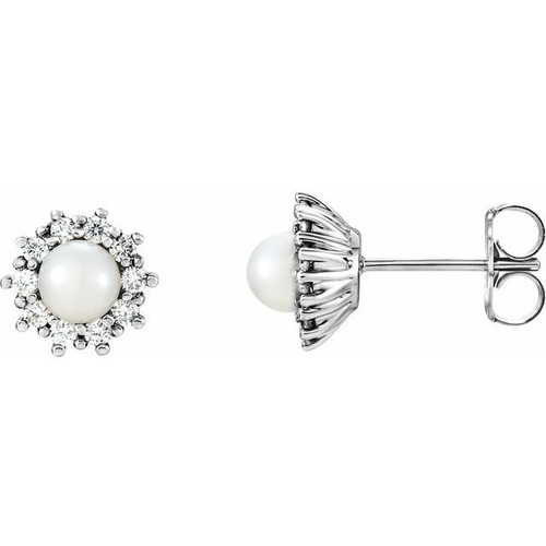 14K White Gold Classic Cultured White Freshwater Pearl & 1/4 CTW Natural Diamond Earrings