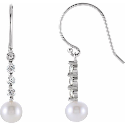 14K White Gold Cultured White Freshwater Pearl & 1/4 CTW Natural Diamond Dangle Earrings