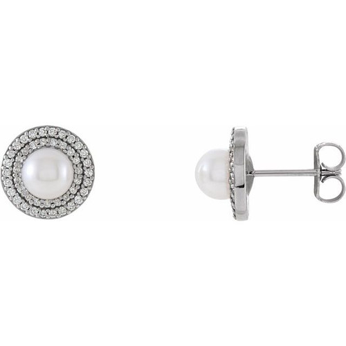 14K White Gold Cultured White Freshwater Pearl & 1/5 CTW Natural Diamond Earrings