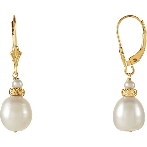 14K Yellow Gold Cultured White Freshwater Pearl Leverback Earrings
