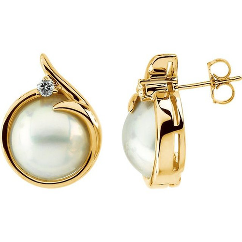 14K Yellow Gold Cultured White Mabe Pearl & 1/8 CTW Natural Diamond Earrings