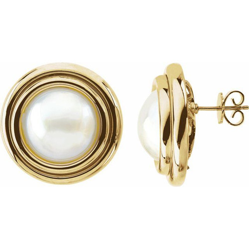 14K Yellow Gold Cultured White Mabe Pearl Earrings