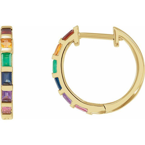 14K Yellow Gold Natural Multi-Gemstone Rainbow Hoop Earrings