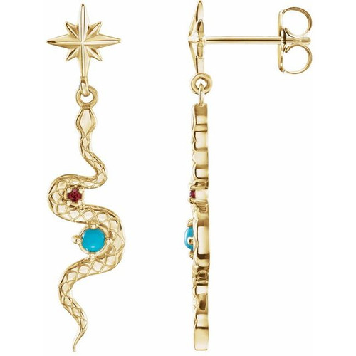 14K Yellow Gold Natural Turquoise & Natural Ruby Snake Earrings