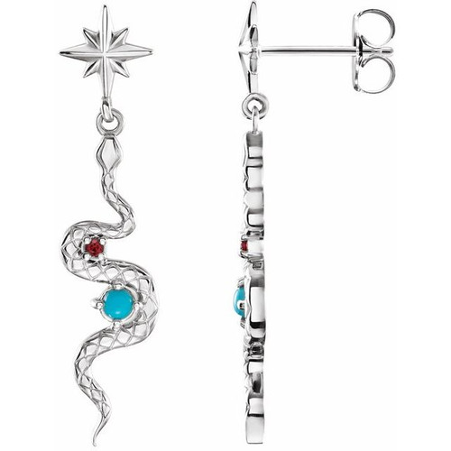 14K White Gold Natural Turquoise & Natural Ruby Snake Earrings