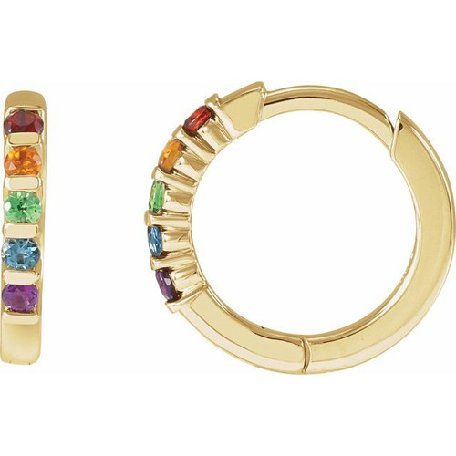 14K Yellow Gold Natural Multi-Gemstone Rainbow Huggie Hoop Earrings