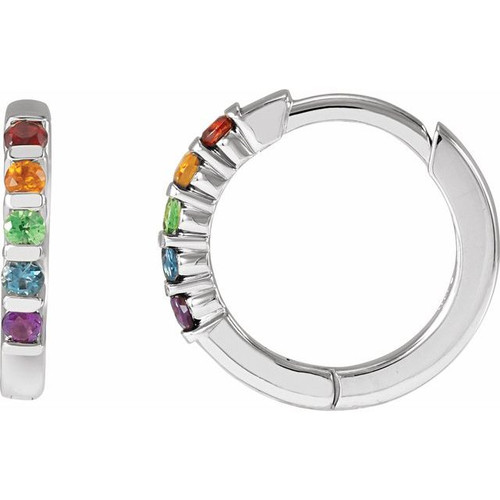 14K White Gold Natural Multi-Gemstone Rainbow Huggie Hoop Earrings