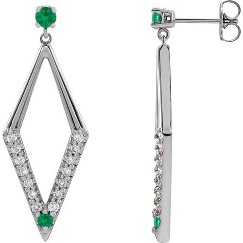 14K White Gold Natural Emerald & 3/8 CTW Natural Diamond Geometric Earrings