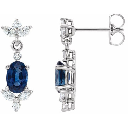 14K White Gold  Natural Blue Sapphire & 1/3 CTW Natural Diamond Earrings