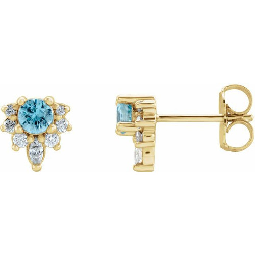 14K Yellow Gold Natural Blue Zircon & 1/6 CTW Natural Diamond Earrings